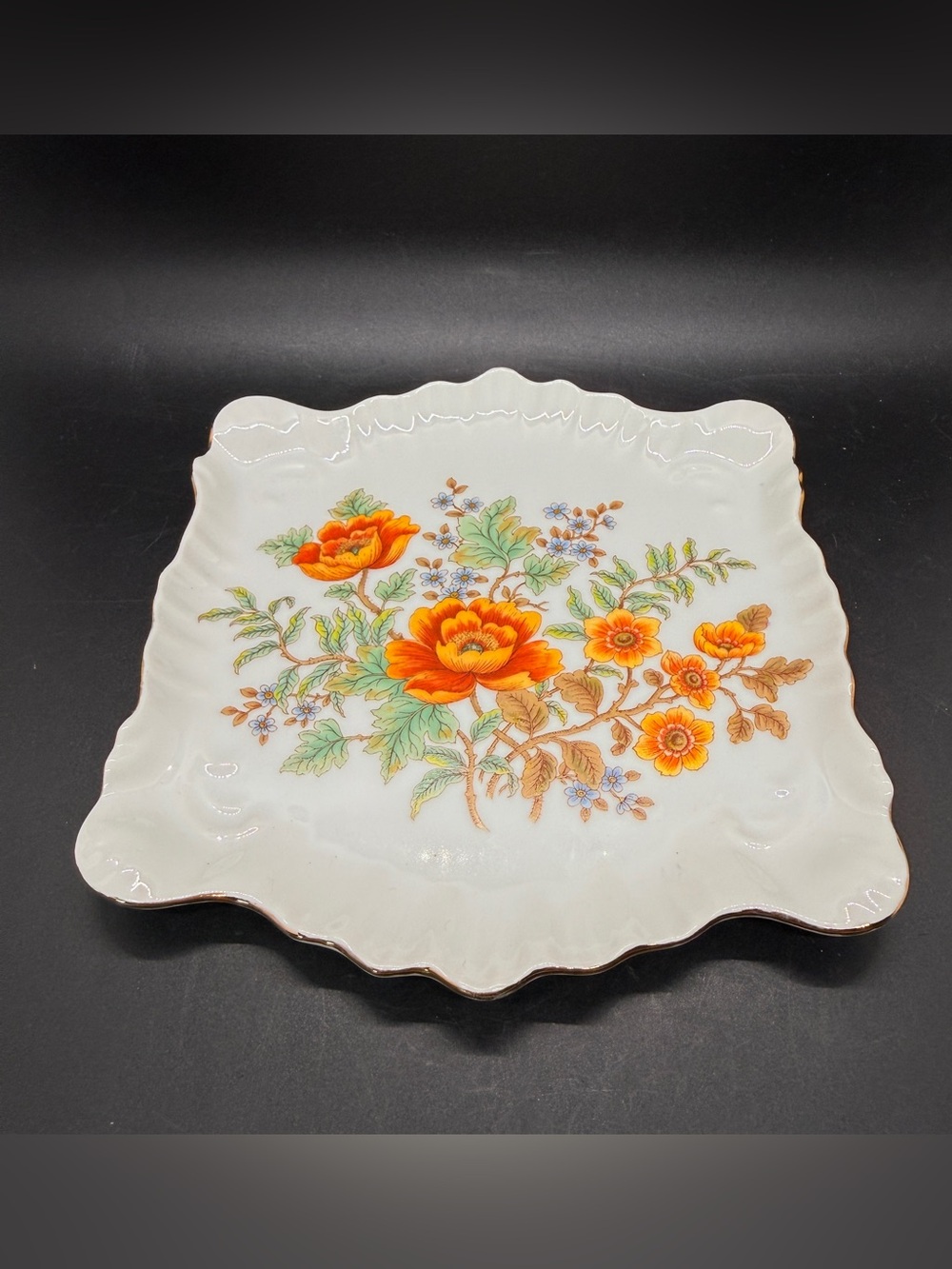 Vintage Porcelain Scalloped Tray Orange Roses Floral Trinket Dish Vanity 7.5"